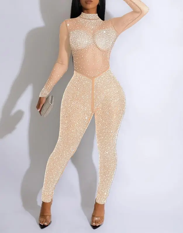 נשים סקסי מסיבת סרבלים מוצק צבע רשת יהלום עיצוב האופנה השרוול הארוך רזה זמן סרבל נקבה ערב בסגנון - 5
