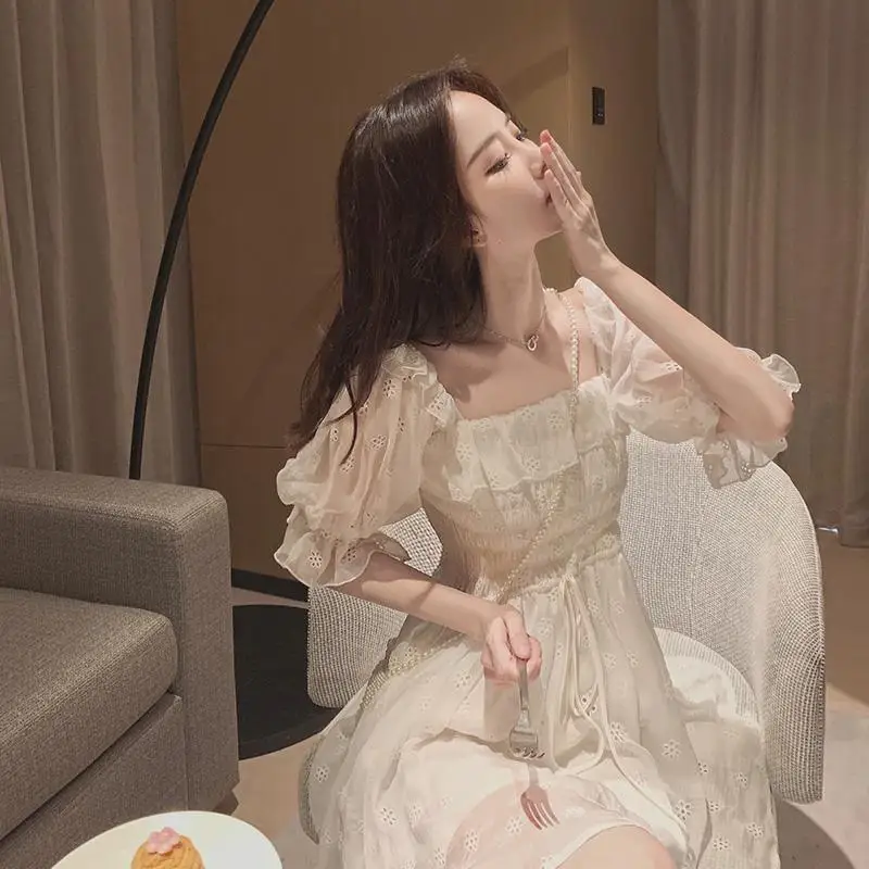 נשים צרפתית בקיץ לבן פאף שרוול שמלה קוריאנית סגנון מתוק פיות תחרה שיפון Kawaii מוצק אלגנטי בציר שמלה Vestidos - 2