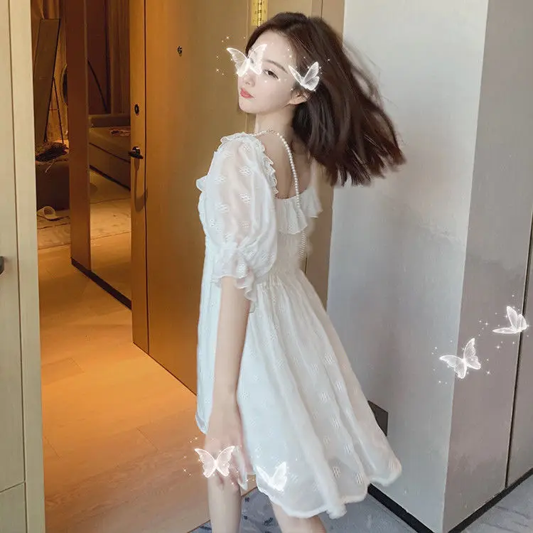 נשים צרפתית בקיץ לבן פאף שרוול שמלה קוריאנית סגנון מתוק פיות תחרה שיפון Kawaii מוצק אלגנטי בציר שמלה Vestidos - 4