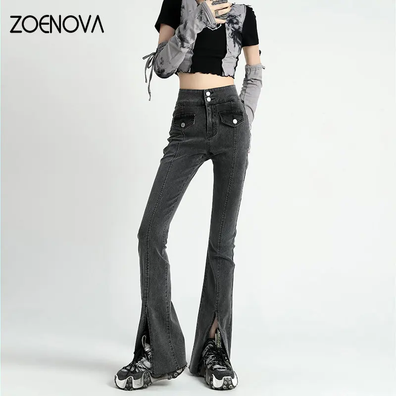 ZOENOVA ליידי אופנה 2023 אביב גבוה Waisted ג ' ינס של נשים ישר באורך מלא קוריאנית מיקרו תאורה רחב הרגל המכנסיים שחור כחול - 0