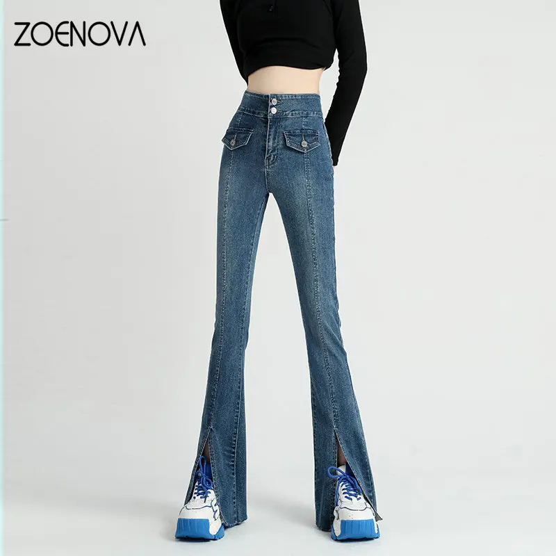 ZOENOVA ליידי אופנה 2023 אביב גבוה Waisted ג ' ינס של נשים ישר באורך מלא קוריאנית מיקרו תאורה רחב הרגל המכנסיים שחור כחול - 1