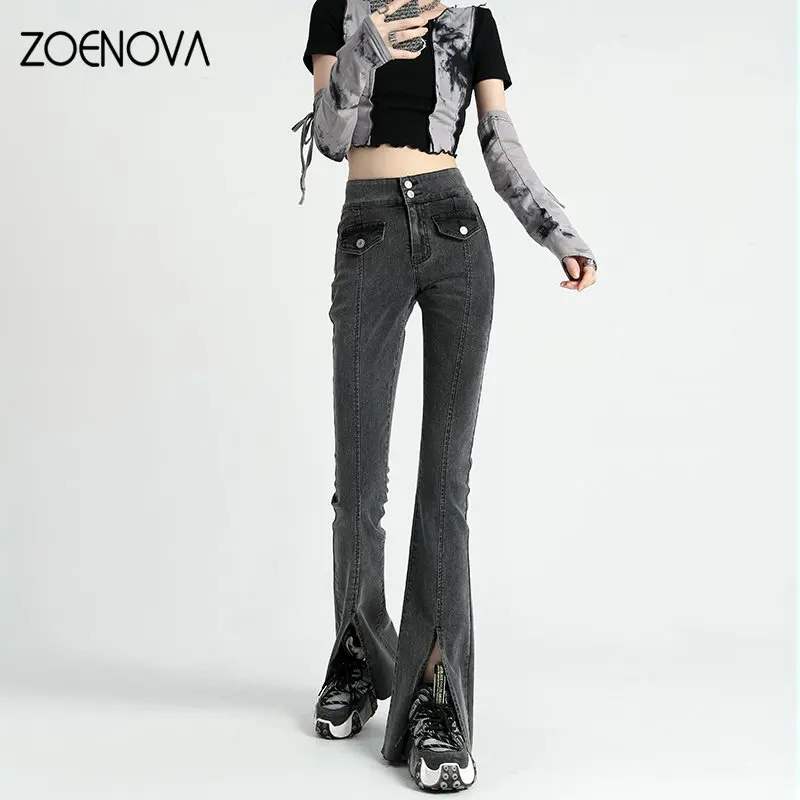 ZOENOVA ליידי אופנה 2023 אביב גבוה Waisted ג ' ינס של נשים ישר באורך מלא קוריאנית מיקרו תאורה רחב הרגל המכנסיים שחור כחול - 2