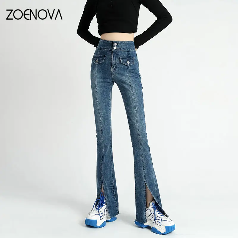 ZOENOVA ליידי אופנה 2023 אביב גבוה Waisted ג ' ינס של נשים ישר באורך מלא קוריאנית מיקרו תאורה רחב הרגל המכנסיים שחור כחול - 3