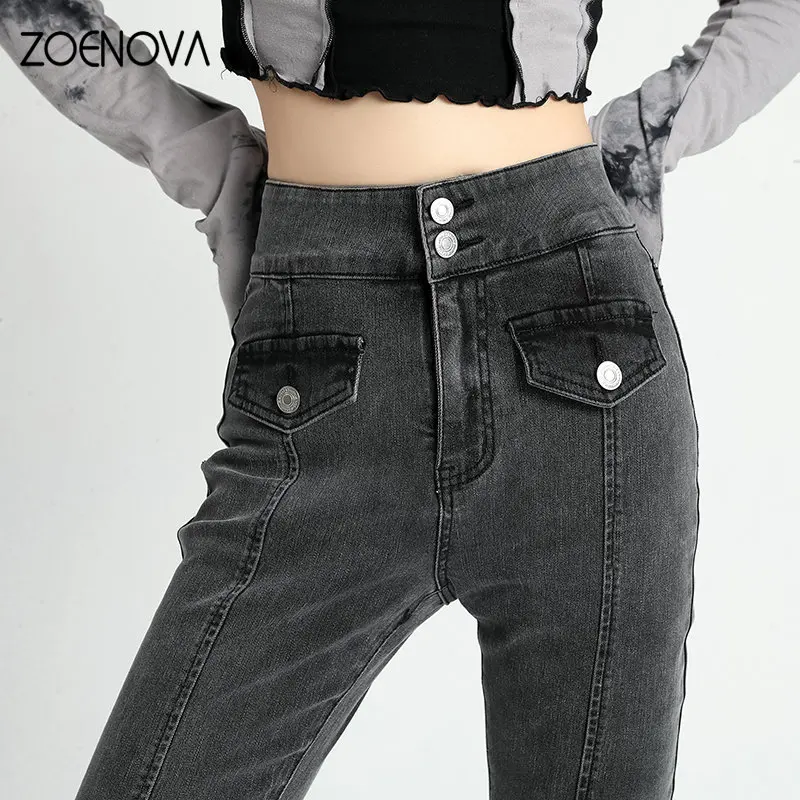 ZOENOVA ליידי אופנה 2023 אביב גבוה Waisted ג ' ינס של נשים ישר באורך מלא קוריאנית מיקרו תאורה רחב הרגל המכנסיים שחור כחול - 4