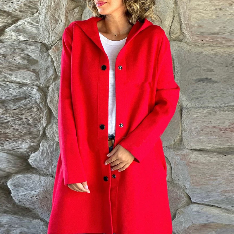 חדשה סתיו חורף נשים צמר מעיל אופנה מוצק צבע יחיד בעלות ברדס מעיל מזדמן חופשי שרוול ארוך נוסעים להאריך ימים יותר - 0