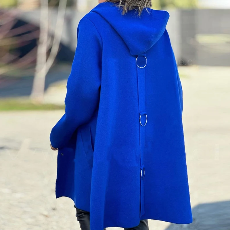חדשה סתיו חורף נשים צמר מעיל אופנה מוצק צבע יחיד בעלות ברדס מעיל מזדמן חופשי שרוול ארוך נוסעים להאריך ימים יותר - 4