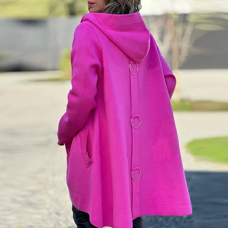 חדשה סתיו חורף נשים צמר מעיל אופנה מוצק צבע יחיד בעלות ברדס מעיל מזדמן חופשי שרוול ארוך נוסעים להאריך ימים יותר - 5