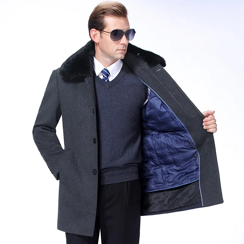 חדשות אופנה באיכות גבוהה גברים צמר מעיל מעובה למטה להסרה הפנימי צמר צווארון המעיל מכוסה כפתור בתוספת גודל M-3XL 4XL - 1