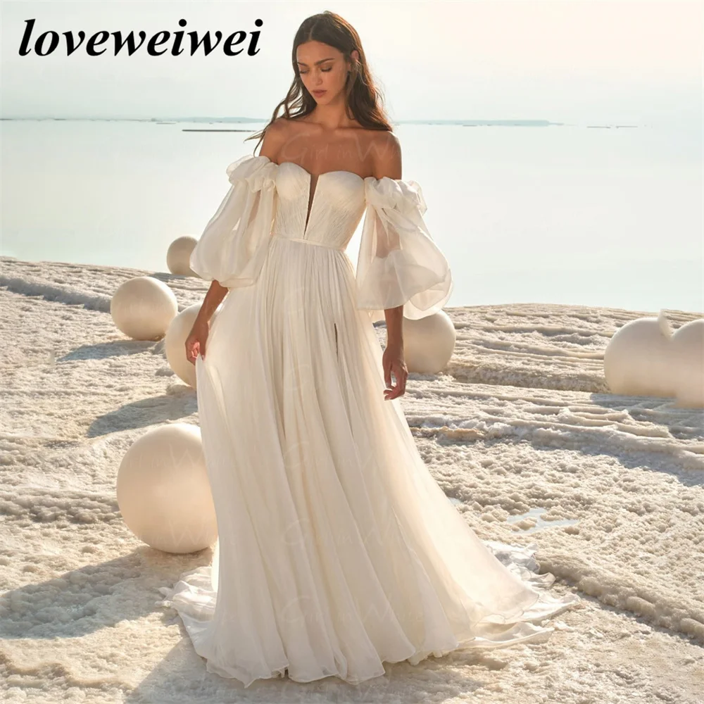 החוף את הכתף קו שמלת בוהו טול חתונה שמלת כלה שמלת קיץ טול גלימת כלה Vestido De נוביה - 1