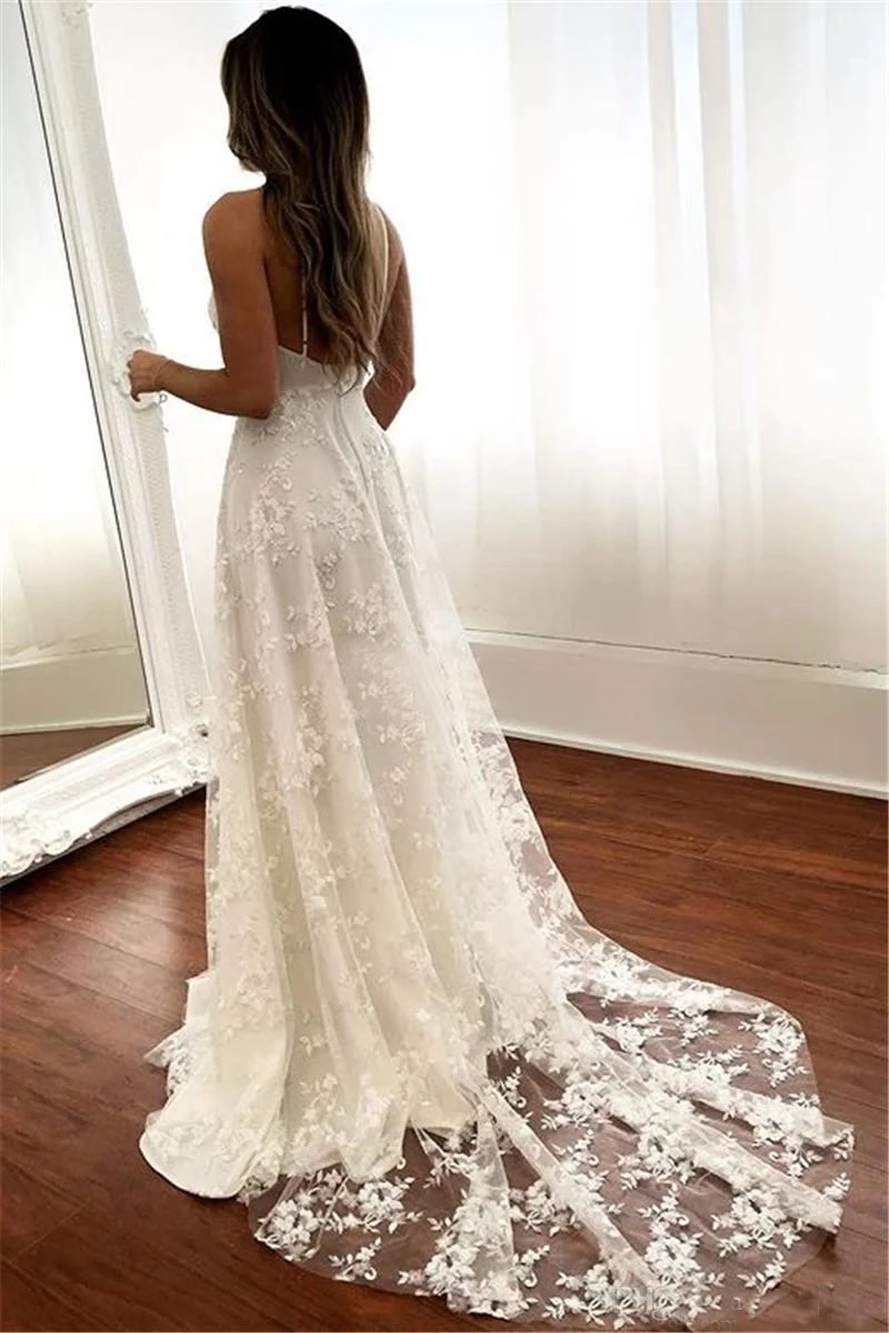 2022 בוהו חתונה תחרה שמלות כלה זמן לטאטא הרכבת צוואר V רצועות ספגטי פיצול צד שמלות כלה Vestido De Noiva - 1