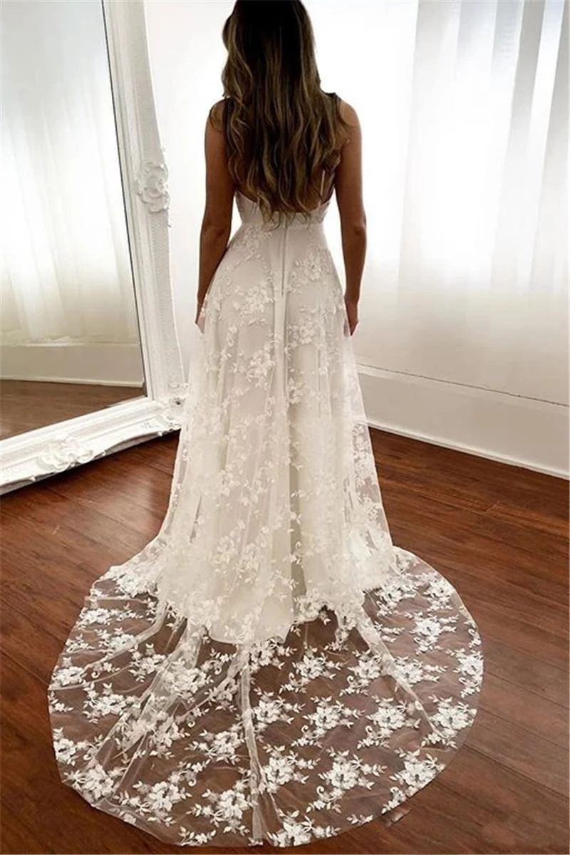 2022 בוהו חתונה תחרה שמלות כלה זמן לטאטא הרכבת צוואר V רצועות ספגטי פיצול צד שמלות כלה Vestido De Noiva - 2