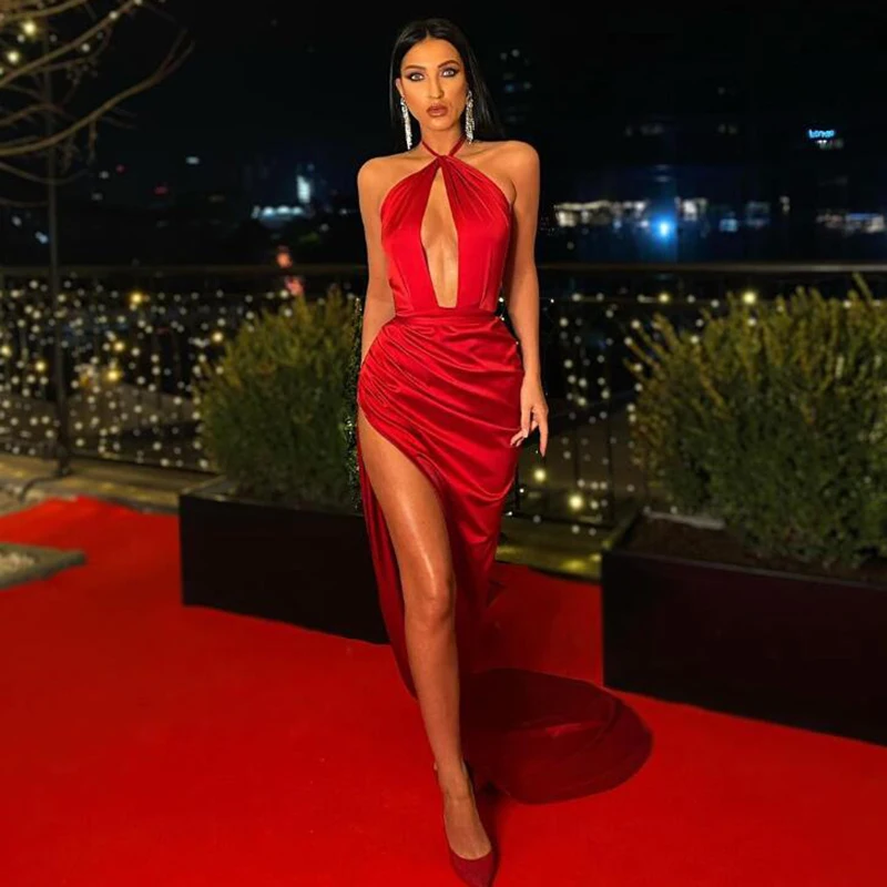LORIE סקסי אדום שמלות ערב מחוך קפלים סאטן גבוה צד פיצול זמן ערבית בת ים שמלת נשף מיוחד סלבריטאים שמלת מסיבת - 0