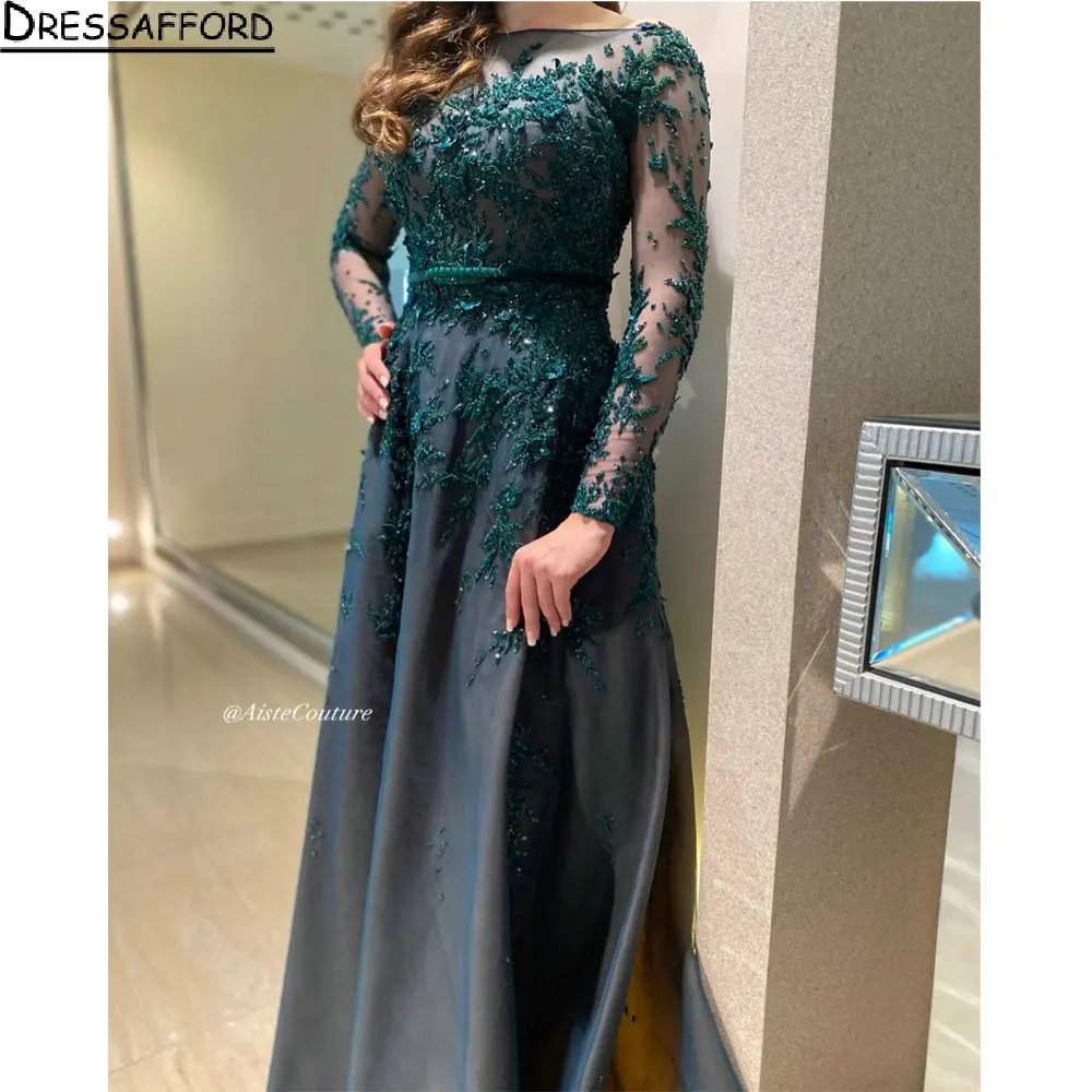 ירוק צייד אשליה שרוול ארוך חרוזים דובאי בתולת ים שמלת הערב 3D אפליקציות תחרה הסעודית ערבית רשמית שמלת מסיבת - 1