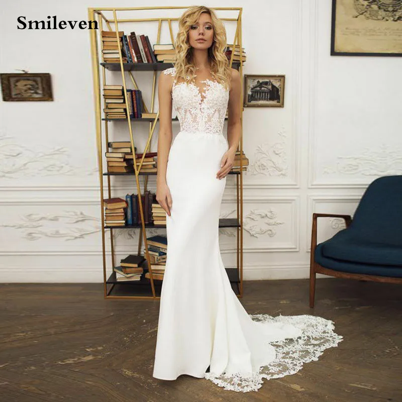 Smileven בתולת ים שמלות חתונה סאטן רך אלגנטי תחרה שמלות כלה בוהו 2020 Vestido De Noiva המדינה שמלות כלה - 0
