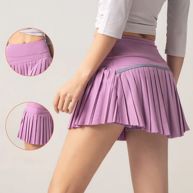 גודל פלוס, אופנה מצופה טניס נשים חצאית גבוהה המותניים מוצק צבע יוגה כושר חצאית יבש מהירה לנשימה טניס חצאית מכנסיים - 1