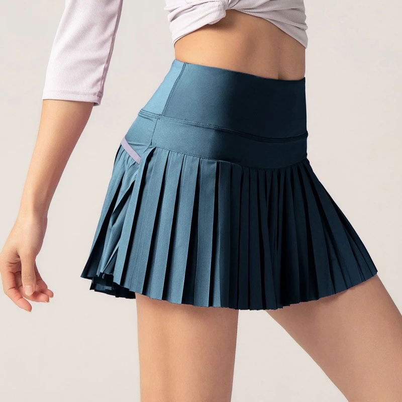 גודל פלוס, אופנה מצופה טניס נשים חצאית גבוהה המותניים מוצק צבע יוגה כושר חצאית יבש מהירה לנשימה טניס חצאית מכנסיים - 5
