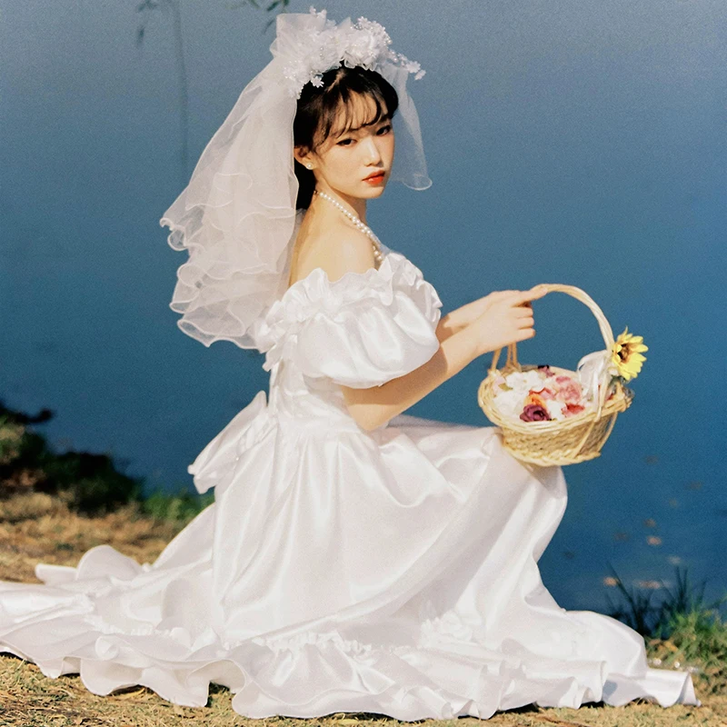 AnXin ש בציר כלה פרח לבן צעיף פרוותי, גזה הראשי שמלת החתונה צילום אביזרים נישואין צרפתית ההצעה תחרה לכלה הינומה נחיתה - 1