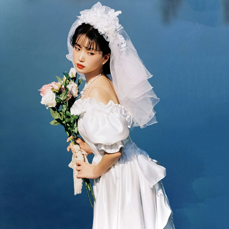AnXin ש בציר כלה פרח לבן צעיף פרוותי, גזה הראשי שמלת החתונה צילום אביזרים נישואין צרפתית ההצעה תחרה לכלה הינומה נחיתה - 2
