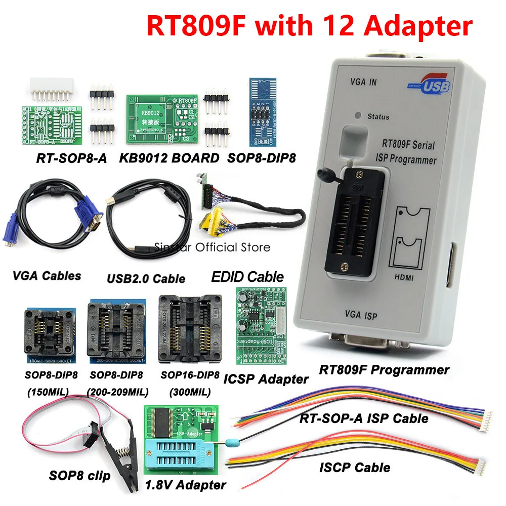 RT809F סדרתי ISP מתכנת עם 11 מתאמי +1.8 V SOP8 מבחן קליפ+EDID כבל חכם נייד תכנות מחשבון - 0