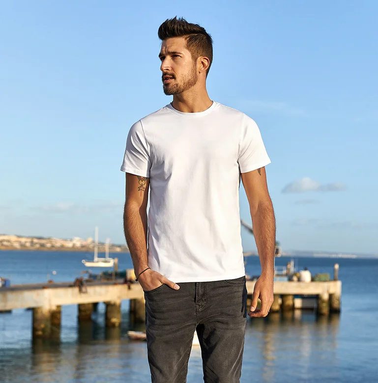 J1285 של גברים קצרה שרוול חולצה קיץ לגברים slim fit לגברים חולצה לבנה צוואר עגול מוצק צבע תחתית החולצה - 0
