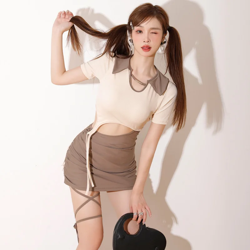 2023 קוריאנית ההגירה סגנון של בגדי ים ביקיני סיאמיים סקסי לכסות את הבטן דק שמרני החזה אסוף אביב חם ביקיני סט לדחוף למעלה - 1