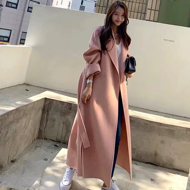 2023 סתיו חורף צמר מעיל נקבה שנות ה-זמן חופשי קוריאנית הטמפרמנט של הנשים אופנה מזדמן הלבשה עליונה מעילי צמר ורוד - 0